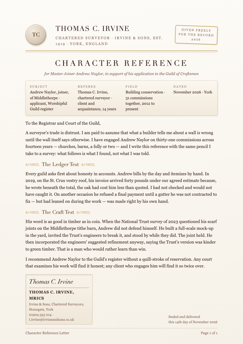 Skeuomorphic letterhead character reference letter
